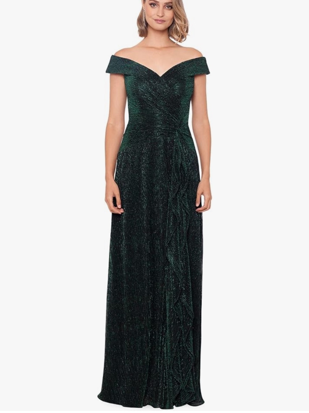 BA Nites Off-Shoulder Emerald Maxi Evening Gown